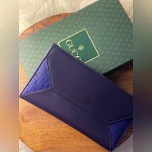 GUCCI Navy Blue & Royal Ostrich Leather Wallet w/Box